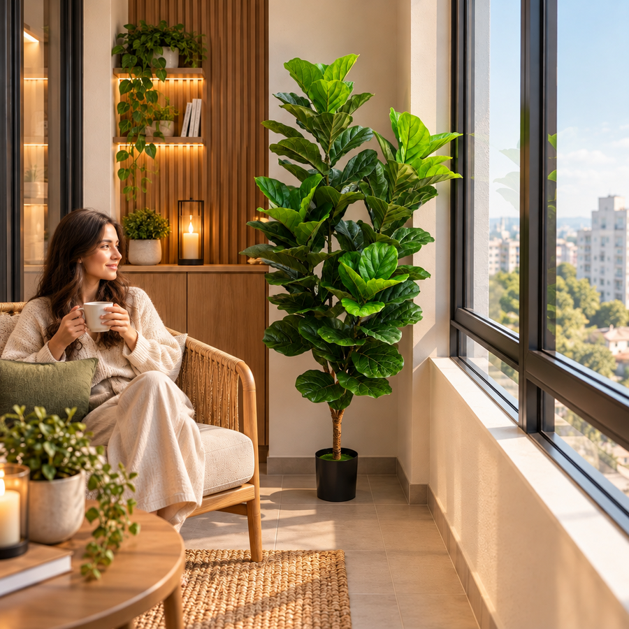 Planta Artificială Copac Tip Smochin, Frunze cu 4 ramificatii, 180 cm, Verde, cu Ghiveci