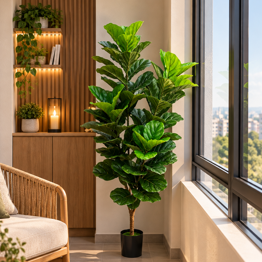 Planta Artificială Copac Tip Smochin, Frunze cu 4 ramificatii, 180 cm, Verde, cu Ghiveci