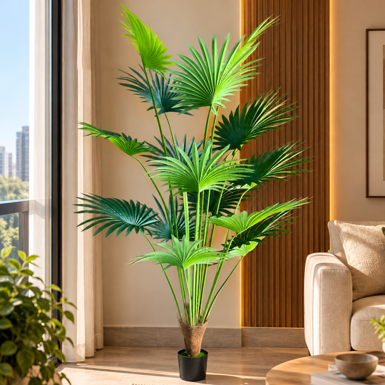 Plantă Artificială Tip Palmier Livistona Evantai, 15 frunze, 200 cm, Verde