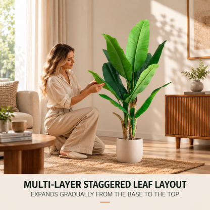 Planta Artificială Copac Tip Bananier, 140 cm, 3 tulpini, 11 frunze, Verde, cu Ghiveci