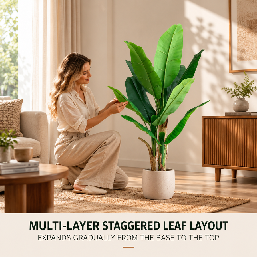 Planta Artificială Copac Tip Bananier, 140 cm, 3 tulpini, 11 frunze, Verde, cu Ghiveci
