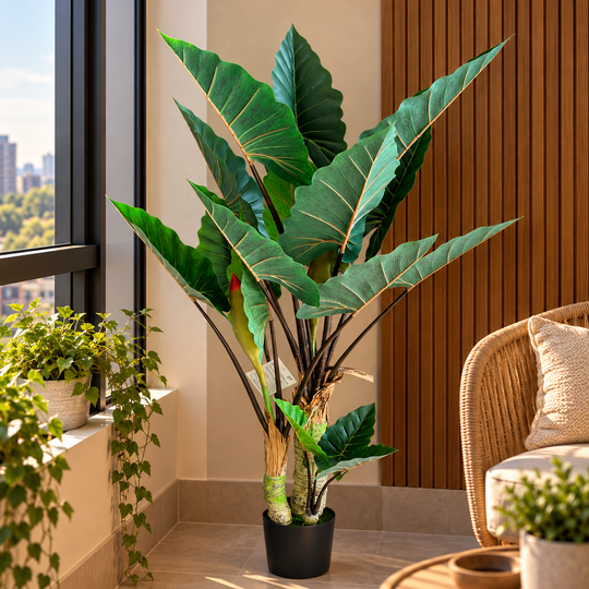 Plantă Artificială Tip Alocasia Cu Frunze Late, 3 trunchiuri, 160 cm, Verde