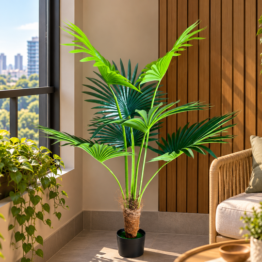 Plantă Artificială Tip Palmier Livistona Evantai, 7 frunze, 140 cm, Verde