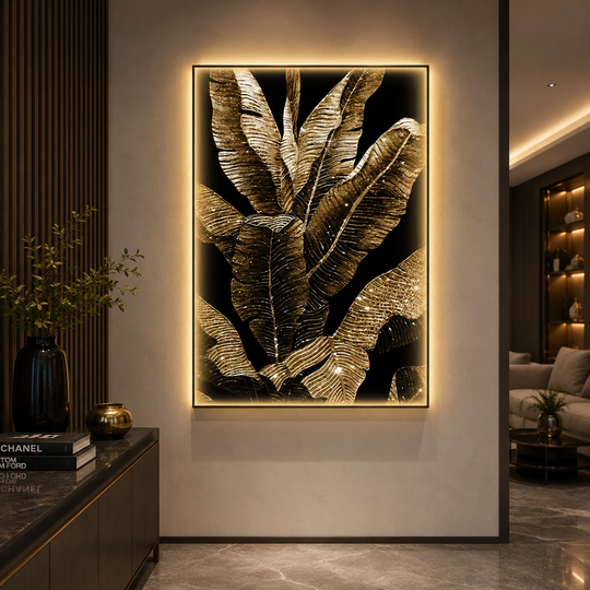 Tablou Decorativ cu Iluminare LED Frunze de Bananier, 80 x 160 cm, 24W, Lumina Neutra, Aliaj de Aluminiu si MDF