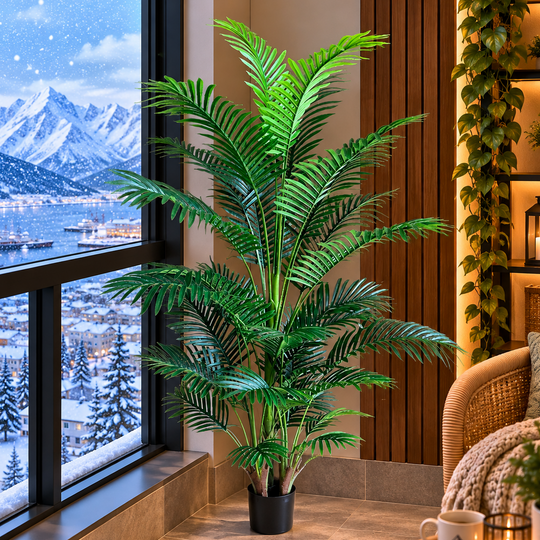 Planta Artificială Copac Tip Palmier Kentia, 3 tulpini, 30 frunze, 190 cm, Verde, cu Ghiveci