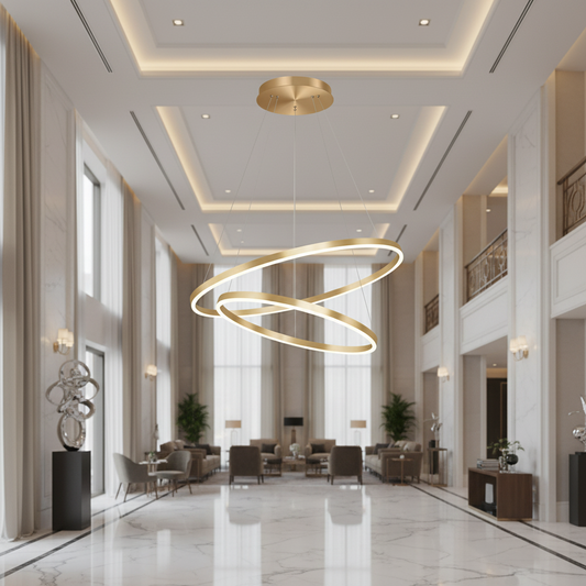 Lustra LED suspendata cu telecomanda CHRISTINE, 41W, 2 Cercuri, lumina Rece/Calda/Neutra, Dimabila, Auriu Lucios, Inaltime Reglabila