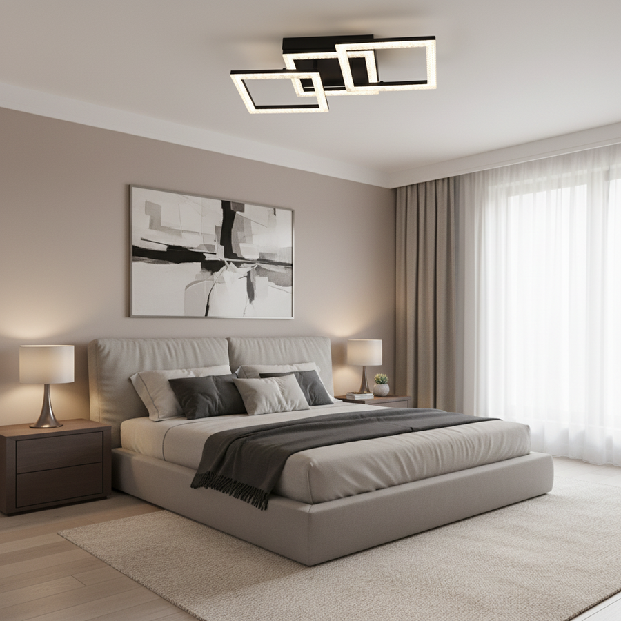 Lustra LED cu telecomanda GEO 43W, 3 Patrate, lumina Rece/Calda/Neutra, Dimabila, Metal si Acril, Negru