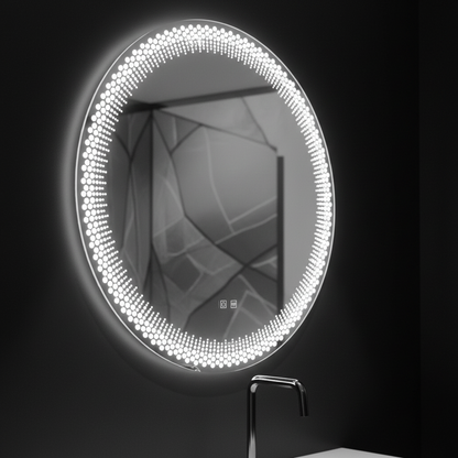 Oglinda LED Rotunda Nexos, 60cm, 24W, Lumina Calda/ Rece/ Neutra, Senzor, Sistem Dezaburire, Ceas si Termometru, Dimabila