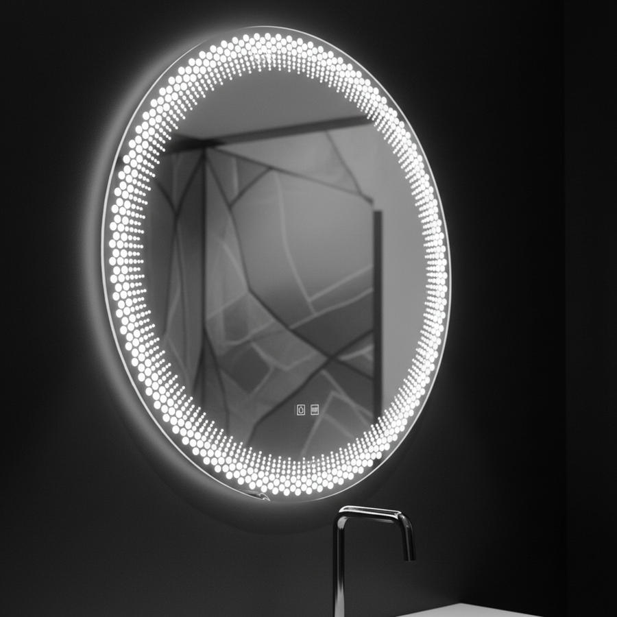 Oglinda LED Rotunda Nexos, 60cm, 24W, Lumina Calda/ Rece/ Neutra, Senzor, Sistem Dezaburire, Ceas si Termometru, Dimabila