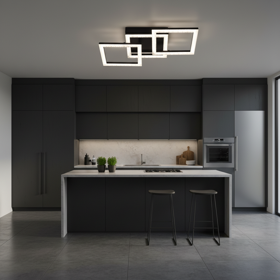 Lustra LED cu telecomanda GEO 43W, 3 Patrate, lumina Rece/Calda/Neutra, Dimabila, Metal si Acril, Negru