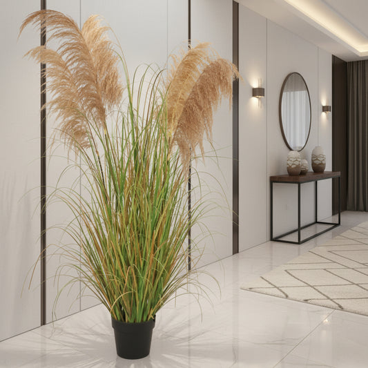Plantă decorativă în ghiveci, 7 fire, 170cm, Stuf Artificial si Iarba, Material Textil si Plastic, Verde Tomnal