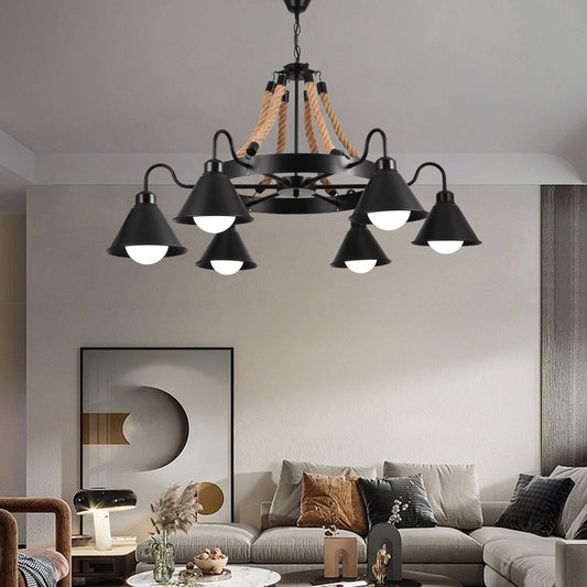 Lustra Vintage cu Franghie LV584/6BK, 6xE27 Lemn Inchis