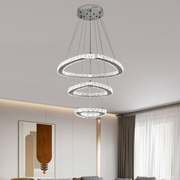 Lustra LED suspendata cu telecomanda si cristal PRISM LUMORA 61W, 3 Cercuri, lumina Rece/Calda/Neutra, Dimabila, Crom Lucios, Inaltime Reglabila