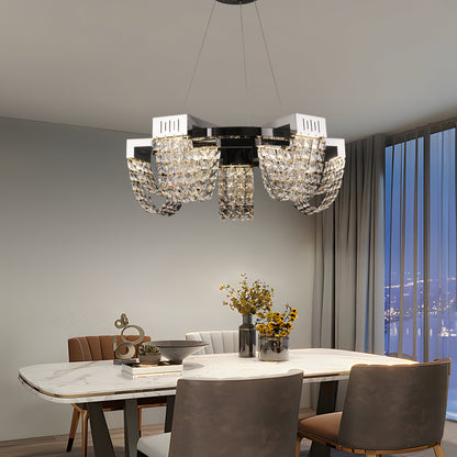 Candelabru Cristal LED 30W, CC370/500CH, Diametru 49cm, Crom Lucios, Lumina Calda Neutra Rece 3000K/4000K/6000K Inaltime Reglabila, Metal si Cristal