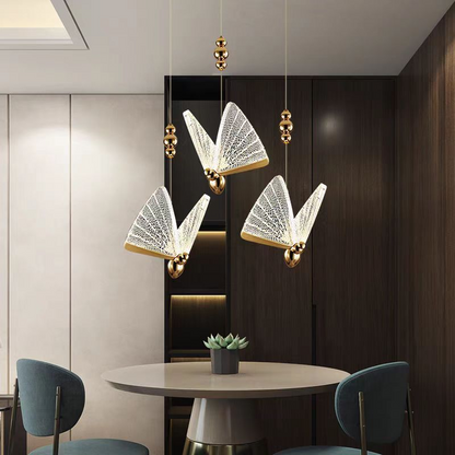 Lustră Suspendată LED Acril Butterfly 10W cu Telecomandă, Dimabilă, 3000K/4000K/6000K, Auriu, Metal și Acril