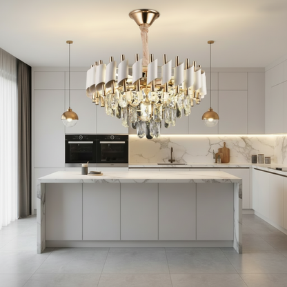 Candelabru Cristal VERSAILLES Nobile 5xE14, Diametru 40cm, Auriu Lucios si Alb