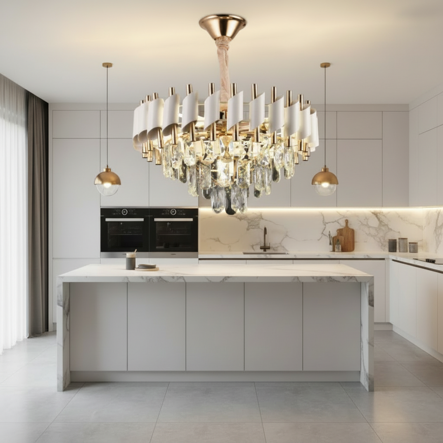 Candelabru Cristal VERSAILLES Nobile 5xE14, Diametru 40cm, Auriu Lucios si Alb