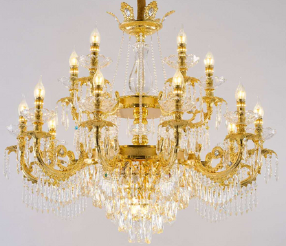 Candelabru Cristal 19xE14, D95cm, Auriu Lucios, Inaltime Reglabila, Metal si Cristal