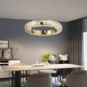 Lustra LED cu Telecomanda, LLC135/1GD, Cristal si Metal, 48W, 1 Cerc, Dimabila, Inaltime Reglabila, Lumina Rece/Calda/Neutra, Iluminat Luxos