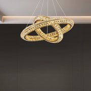 Lustra LED cu Telecomanda, LLC132/300+500GD, Cristal si Metal, 48W, 2 Cerc, Dimabila, Inaltime Reglabila, Lumina Rece/Calda/Neutra, Iluminat Luxos