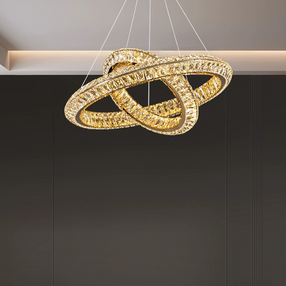 Lustra LED cu Telecomanda, LLC132/300+500GD, Cristal si Metal, 48W, 2 Cerc, Dimabila, Inaltime Reglabila, Lumina Rece/Calda/Neutra, Iluminat Luxos