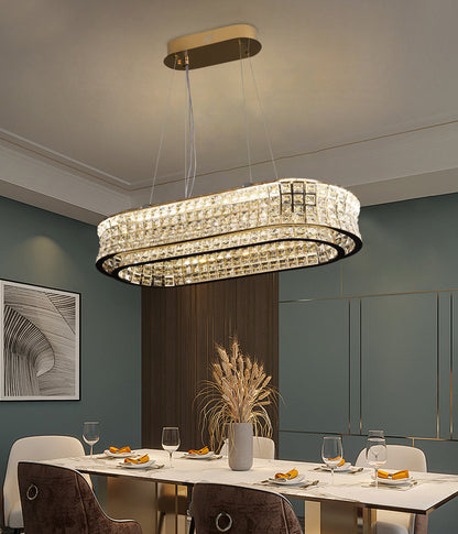 Lustra LED cu Telecomanda, LLC160/750X350GD, Cristal si Metal, 160W, Dimabila, Inaltime Reglabila, Lumina Rece/Calda/Neutra, Iluminat Luxos