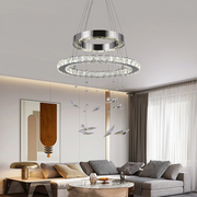 Lustra LED suspendata cu telecomanda si cristal 36W, 2 Cercuri, lumina Rece/Calda/Neutra, Dimabila, Crom Lucios, Inaltime Reglabila