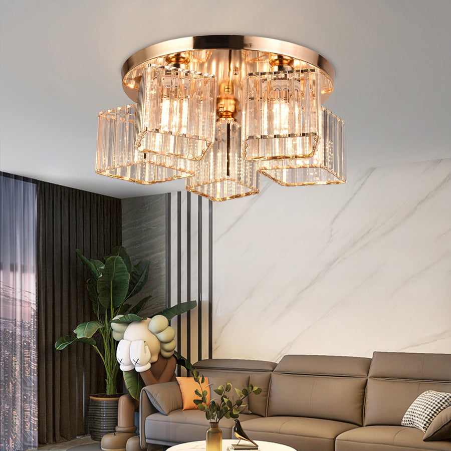 Lustra Clasica Moderna Sasha, LC117/5GD, 5x E27, Metal si Cristal, Auriu, Abajur