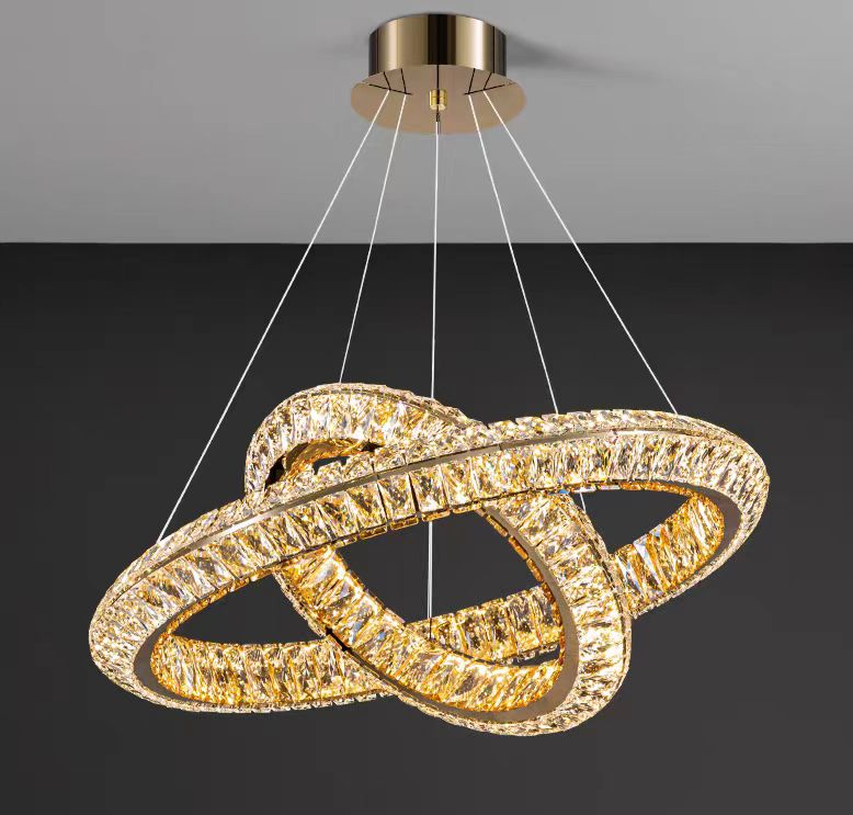 Lustra LED cu Telecomanda, LLC132/300+500GD, Cristal si Metal, 48W, 2 Cerc, Dimabila, Inaltime Reglabila, Lumina Rece/Calda/Neutra, Iluminat Luxos