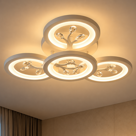 Lustra LED cu telecomanda si cristal DAISY 53W, 4 Elemente, lumina Rece/Calda/Neutra, Dimabila, Alb