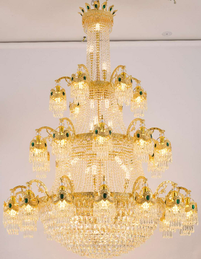 Candelabru Cristal , 61xE14, Diametru 150cm, Inaltime 200cm, Auriu Lucios, Inaltime Reglabila, Design Elegant