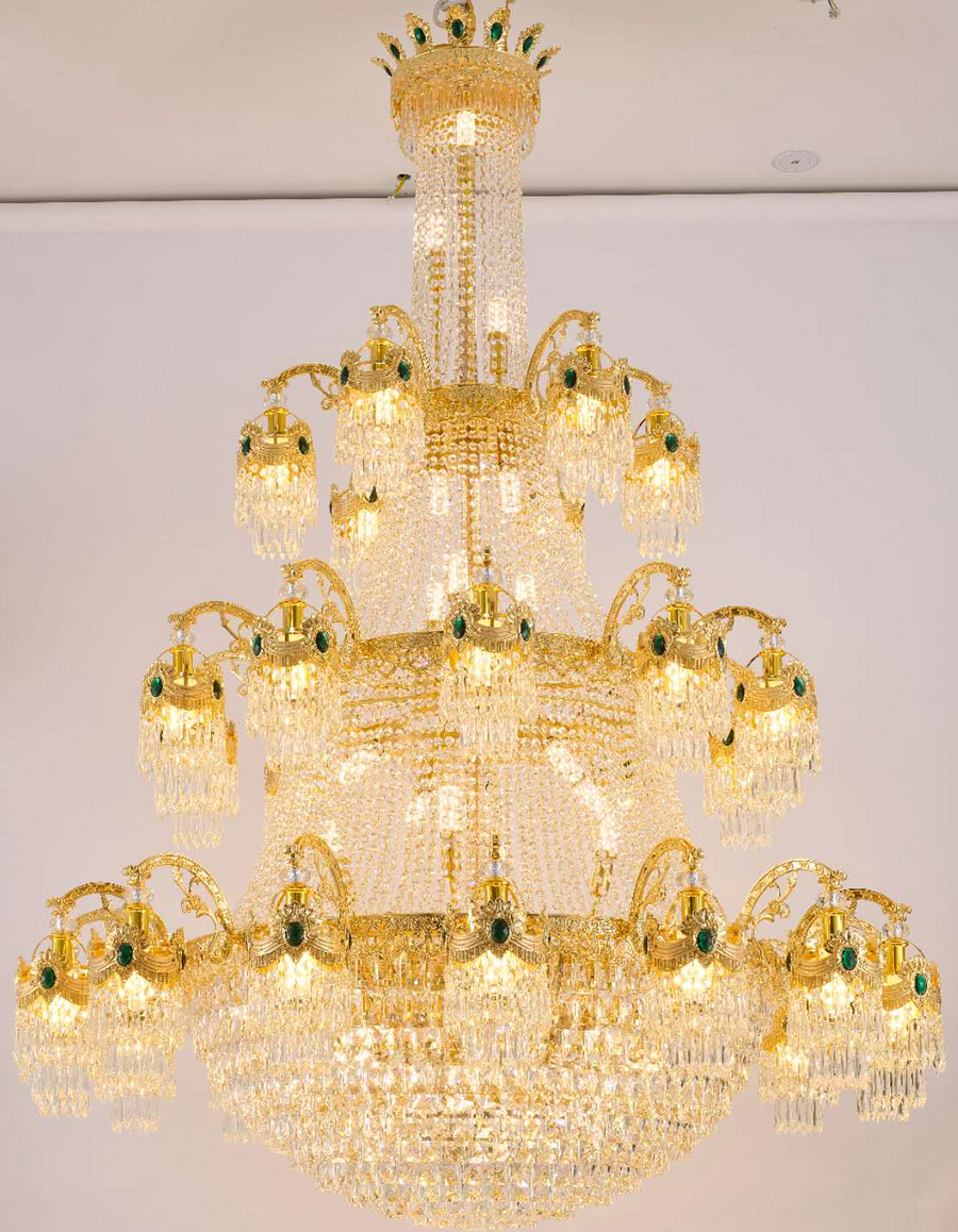 Candelabru Cristal , 61xE14, Diametru 150cm, Inaltime 200cm, Auriu Lucios, Inaltime Reglabila, Design Elegant