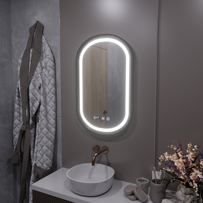 Oglinda LED Touch Helmut Sistem Dezaburire, Ceas si Temperatura 50x90 cm Rama Negru Brushed Marcello Funghi