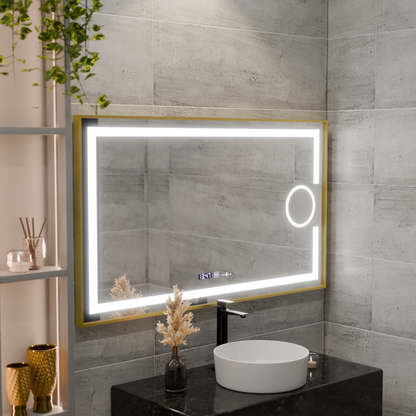 Oglinda LED Rectangulara, 120x80cm, Eclat MotionGlow Marcello, Sistem Dezaburire, Ceas & Termometru, Lupa Cosmetica, Dimabila, Rama Auriu Brushed