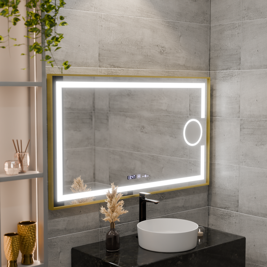 Oglinda LED Rectangulara, 120x80cm, Eclat MotionGlow Marcello, Sistem Dezaburire, Ceas & Termometru, Lupa Cosmetica, Dimabila, Rama Auriu Brushed