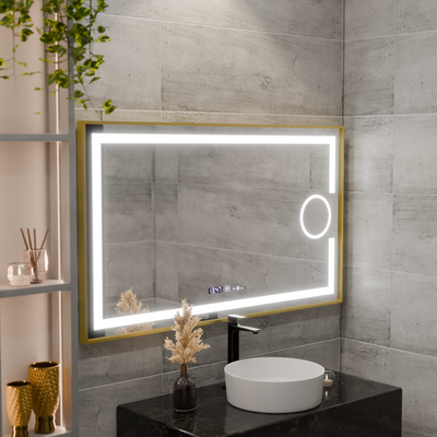Oglinda LED Rectangulara, 110x65cm, Eclat MotionGlow Marcello, Sistem Dezaburire, Ceas & Termometru, Lupa Cosmetica, Dimabila, Rama Auriu Brushed