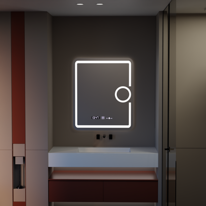 Oglinda LED Rectangulara, 75x90cm, Eclat MotionGlow Marcello, Sistem Dezaburire, Ceas & Termometru, Lupa Cosmetica, Dimabila