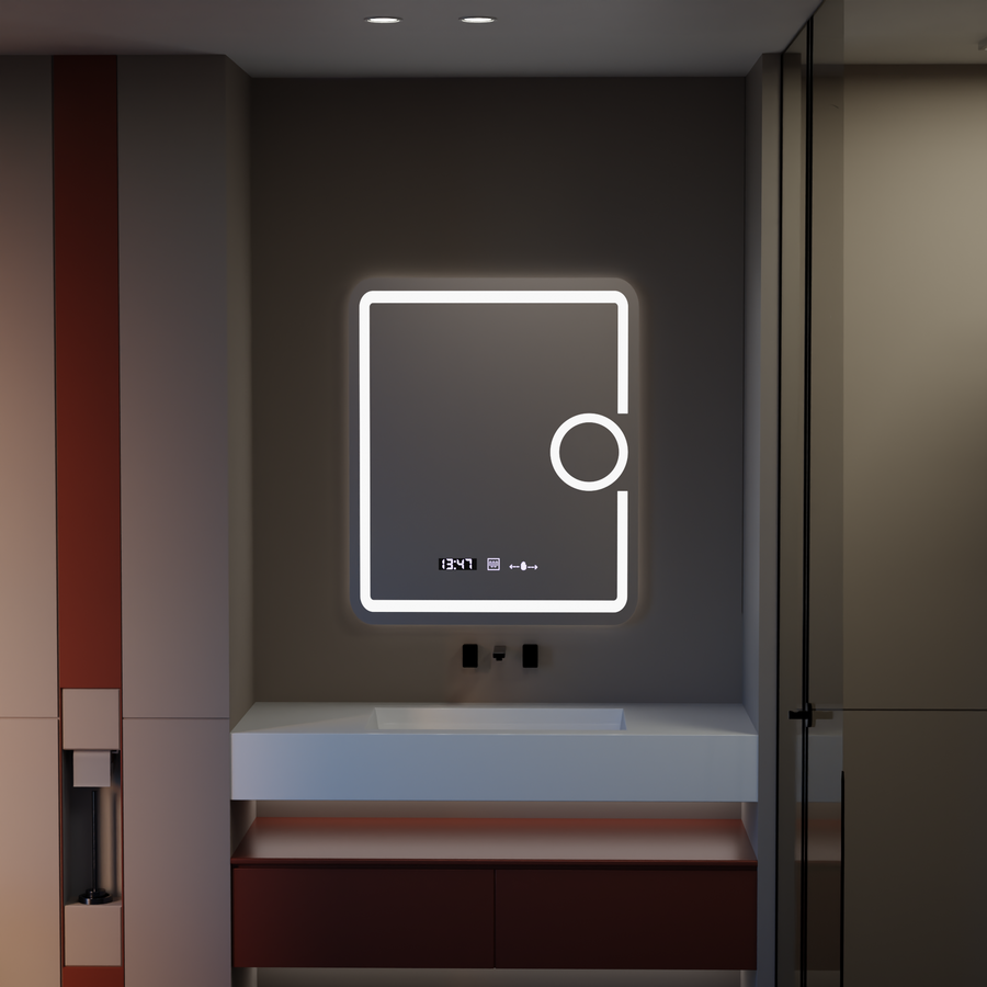 Oglinda LED Rectangulara, 75x90cm, Eclat MotionGlow Marcello, Sistem Dezaburire, Ceas & Termometru, Lupa Cosmetica, Dimabila