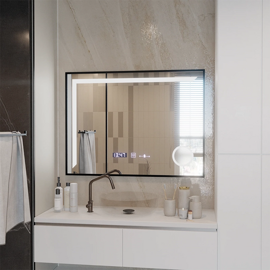 Oglinda LED Senzor MotionGlow Francesca 80x60 cm Lumina Calda/Rece/Neutra Dimabila Rama Negru Brushed Sistem Dezaburire Termometru Ceas Colectia Marcello Funghi
