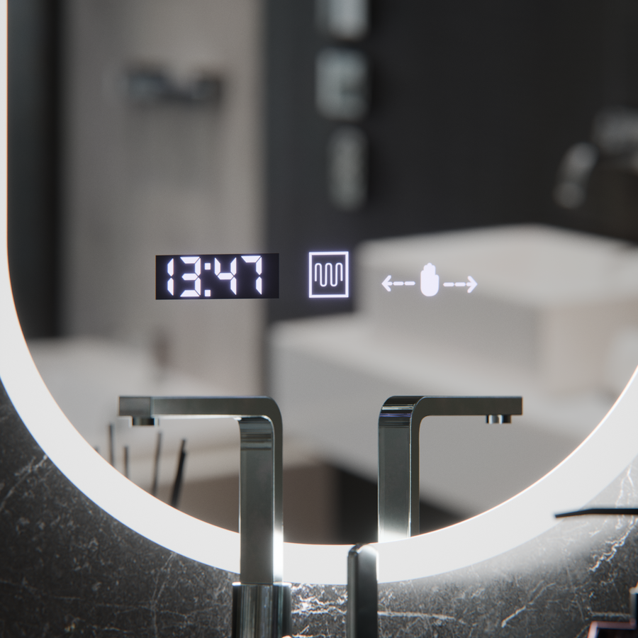 Oglinda LED Ovala, 50x80cm, Lucia Senzor Marcello, Sistem Dezaburire, Ceas & Termometru, Dimabila