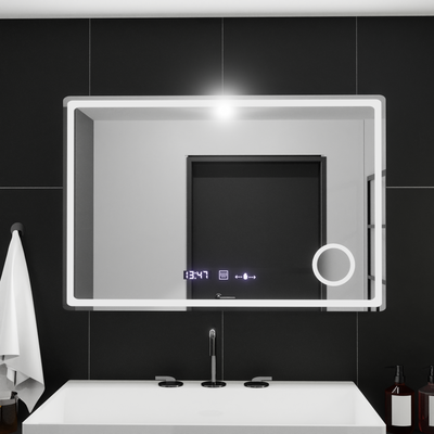 Oglinda LED Rectangulara, 90x60cm, Velour MotionGlow Marcello, Sistem Dezaburire, Ceas & Termometru, Lupa Cosmetica,  Dimabila