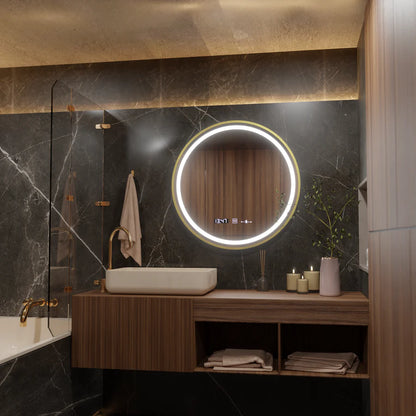 Oglinda LED Rotunda, 60cm, Celeste Royale Gold Eleve MotionGlow Marcello, Sistem Dezaburire, Ceas & Termometru, Dimabila, Curea Detasabila