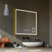 Oglinda LED Touch CLARUS Sistem Dezaburire, Ceas si Temperatura 80x60 cm Rama Auriu Brushed Lupa Cosmetica