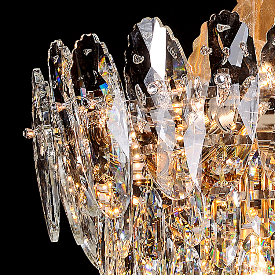 Candelabru Cristal, Eleganza, 7xE14, Diametru 40cm, Auriu Lucios, Inaltime Reglabila, Metal si Cristal