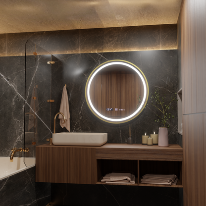 Oglinda LED Senzor MotionGlow Faratya Sistem Dezaburire Termometru si Ceas Rama Auriu Periat Rotunda Diametru 100 cm Lumina Rece/Calda/Neutra Dimabila Colectia Marcello Funghi
