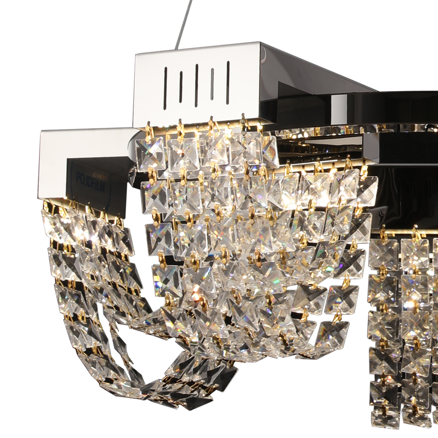 Candelabru Cristal LED 30W, CC370/500CH, Diametru 49cm, Crom Lucios, Lumina Calda Neutra Rece 3000K/4000K/6000K Inaltime Reglabila, Metal si Cristal