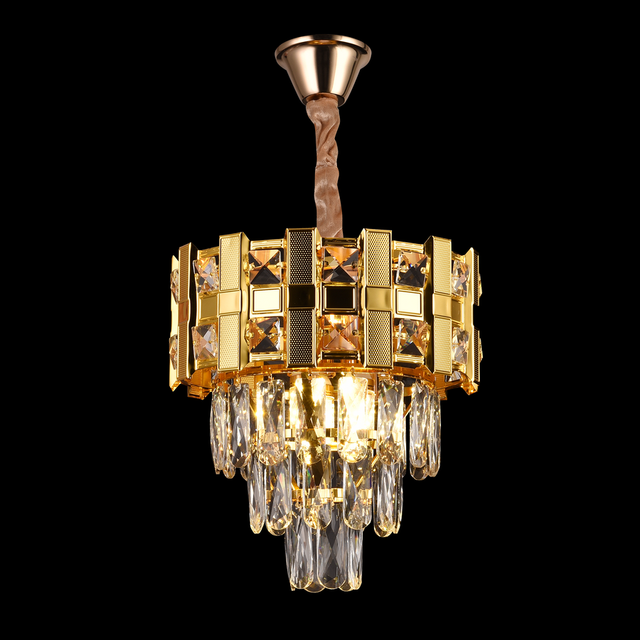 Candelabru Cristal BRAN Petito 3xE14, Diametru 30cm, Auriu Lucios, Inaltime Reglabila