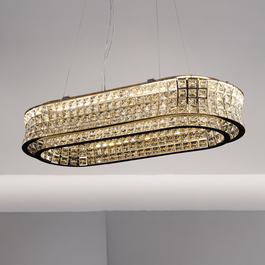 Lustra LED cu Telecomanda, LLC160/750X350GD, Cristal si Metal, 160W, Dimabila, Inaltime Reglabila, Lumina Rece/Calda/Neutra, Iluminat Luxos