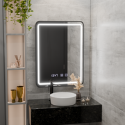 Oglinda LED Touch LUCIDA Sistem Dezaburire, Ceas si Temperatura 50x70 cm Rama Negru Brushed