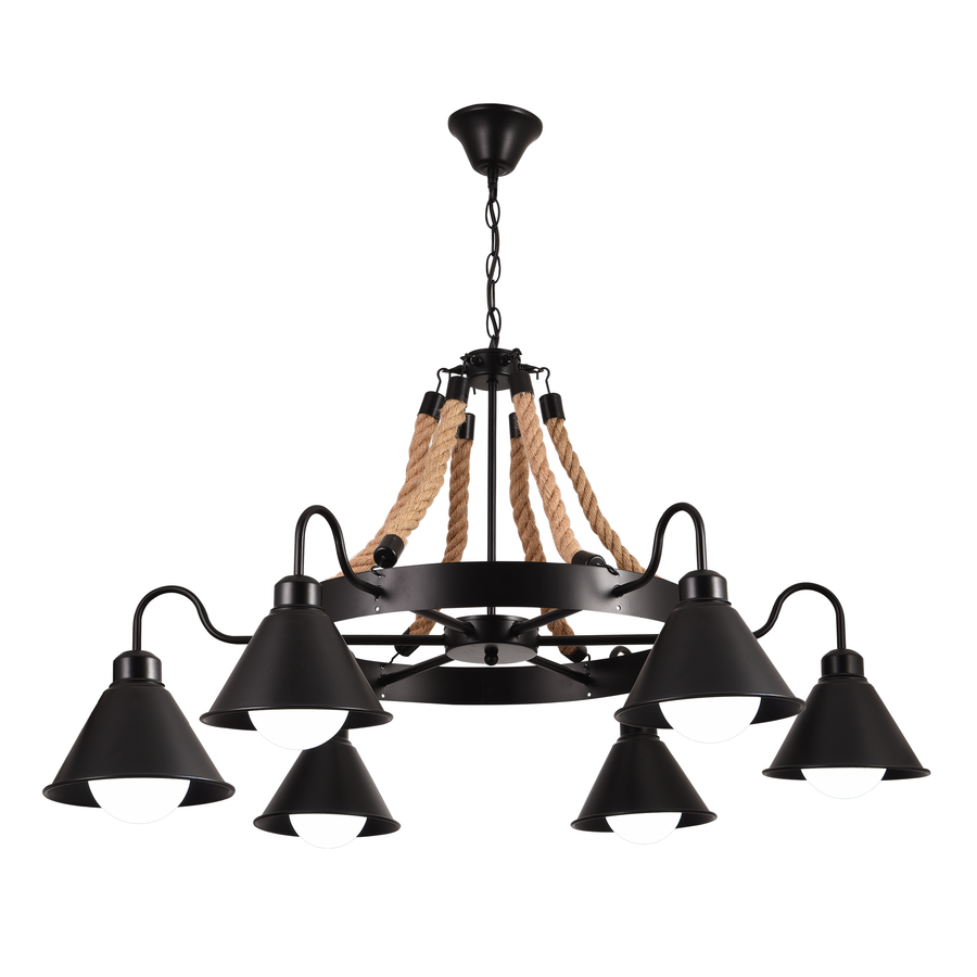 Lustra Vintage cu Franghie LV584/6BK, 6xE27 Lemn Inchis